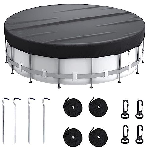 Swimming Pool Cover, Round Solar Pool Cover for Above Ground Pools, Foldable Outdoor Swimming Pool Dust Cover Windproof Waterproof UV Resistant Pool Cover with Rope (15FT)