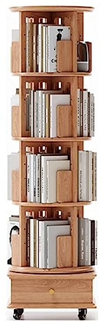 SAAKO Drehbares Bücherregal aus massivem Holz, um 360 Grad drehbares Aufbewahrungs-Bücherregal, stehendes Bücherregal mit Rollen und Schubladen-Bücherregal