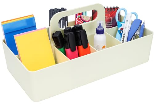 BELLE VOUS Kunststoff Schreibtisch Organizer Weiß mit Griff - 17 x 33 x 8 cm - Tragbarer Organizer Schreibtisch Stiftehalter mit 8 Fächern für Schreibwaren, Stifte, Bleistifte & Bürobedarf