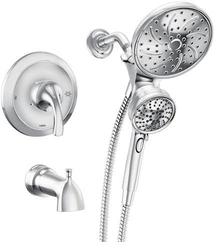 Moen Engage Magnetix Chrome Multi-Function Handshower and Rainfall Shower Head Trim Combo with Shower Handle, Tub Spout, Metal Hose, and Valve, 82304