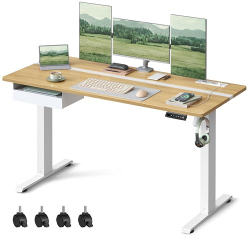VASAGLE Höhenverstellbarer Schreibtisch elektrisch, 140 x 60 cm | Stufenlos verstellbar, mit Schublade, Steckdosenleiste, Haken, Memory-Funktion, golichenfarben-wolkenweiß LSD114N01