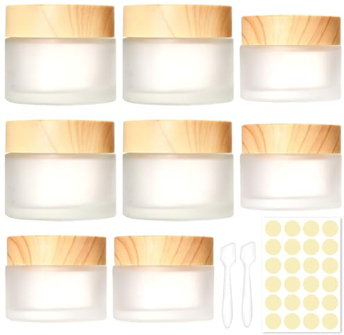 PIWOSGOL 8 Stück Glas Döschen, 30ml 50ml Leer Dosen, Kleine Cremedose Leerdose Klarer Tiegel, Creme behälter mit Deckel aus Holzmaserung, Mattiert Glastiegel für Kosmetik, Lippenbalsam, Lotion, Cremes