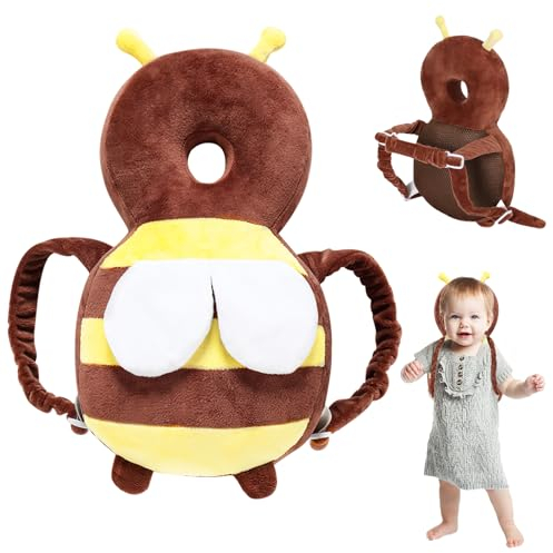 FainFun Almohada de Protección para la Cabeza del Bebé, Protector de Cabeza de Bebé, Cojín Protector Ajustable para Niños de 5 a 36 Meses que Gatean, Abejas Pequeñas (Marrón)