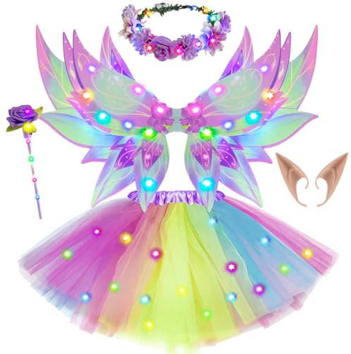 G.C Luminoso Disfraz Hada Niña Alas de Hada LED con Tutu Falda Corona de Flores Varita Magica Orejas de Elfo Vestido Hada Disfraz Carnaval Halloween Navidad para Niñas