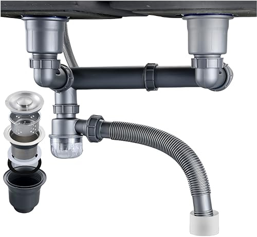 QruiLanTu Double Waste Drain Kit Space Saving Kitchen Sink Waste Kit Expandable Flexible P-Trap Pipe 114mm Sink Waste Assembly Kit with 4-Way Fitting Adapter for Dishwasher