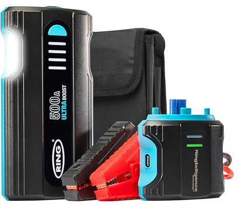 RING ULTRABOOST 500A Car Battery Jump Starter - Safely Starts Up to 3 Litre Petrol and 1.5 Litre Diesel Engines - Battery Booster with Jump Leads, Portable USB Powerbank and LED Torch