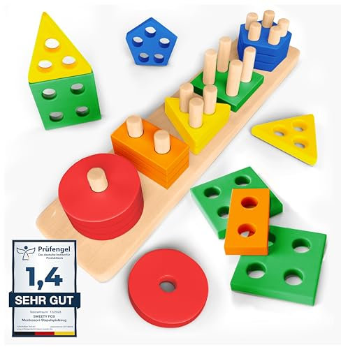 Sweety Fox Montessori Spielzeug ab 1 Jahr - Holz Sortier & Stapelspielzeug, 1 2 3 Jahre -Aktivitäts & Entwicklungsspielzeug aus Holz - Montessori - Lernspielzeug für Kleinkinder