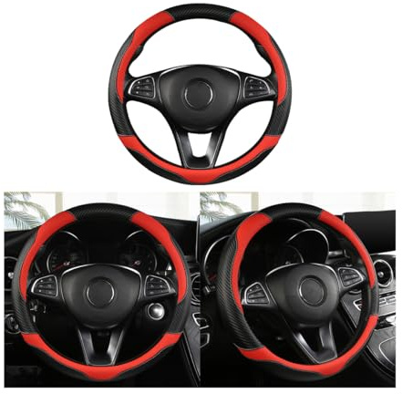 Adunsiaoto Coprivolante Auto Morbido in Fibra Di Carbonio Antiscivolo, Protettore Copertura Del Volante Auto, Coperchio Del Volante Dell'auto Protettore Traspirante Anti-Scivolo(Nero/Rosso)