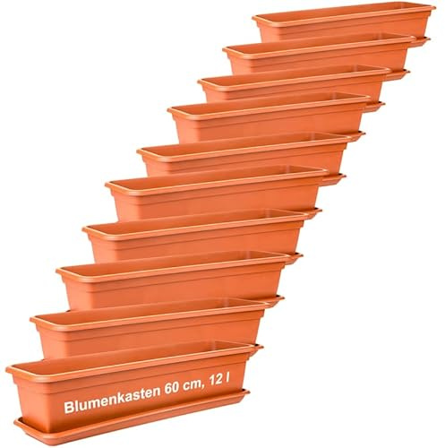 LIVINJA Terrakotta Blumenkasten 60cm mit Untersetzer – 10er-Set, Hochwertiger Kunststoff, Terracotta, Made in EU
