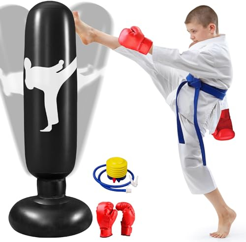 Qoosea Sacco da Boxe per Bambini, 160cm Sacco da Boxe Gonfiabile con Pompa e Guanti da Boxe, Pratica di Taekwondo Karate Attrezzatura da Allenamento, Regalo per Ragazzi Ragazze