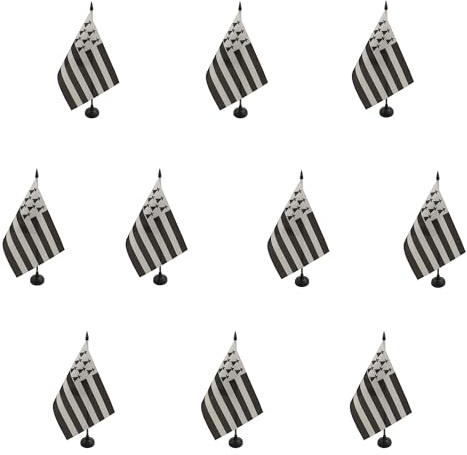 AZ FLAG Lot de 10 Drapeaux de Table Bretagne 21x14 cm Socle Plastique | Usage intérieur Drapeau de bureau breton finition cousue et bords renforcés avec mât en plastique et socle en plastique