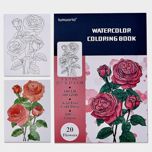 Aquarell-Malbuch, 20 einzigartige Blumenmuster, 12.7x17.8 CM, 100% Baumwolle, 300 GSM, 20 Blatt, Kaltpressung, säurefreies Aquarellpapier, leimgebunden. (Blumen)