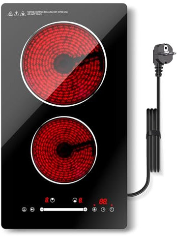 Nardea Placa Vitroceramica 2 Fuegos 30cm, 3000W Placas Cocina Construido con Enchufe, Placa Vitrocerámica con 9 Posiciones de Calor, Bloqueo de Seguridad, Cronómetro, Mandos Táctiles