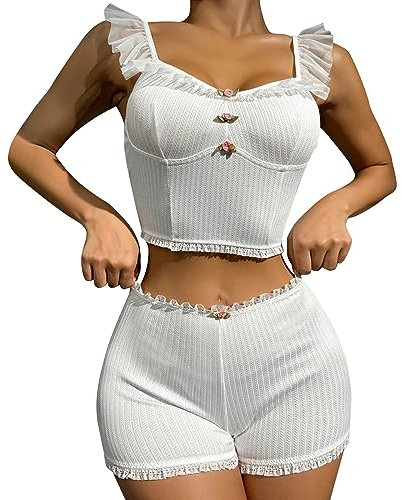 Damen-Dessous-Set aus Spitze, Bralette und Höschen, sexy Dessous, Bademilch für Damen, Outfits, weiß, S