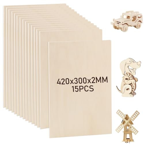JMIATRY 15 Pezzi Compensato 420x300x2MM Pannelli Legno, Foglio di Compensato Pannelli in Legno per Artigianato Fai Da Te Artigianato Pittura Decorazioni