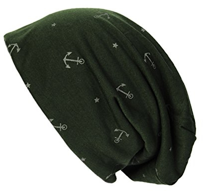 Glamexx24 lång klassisk beanie-mössa: män kvinnor vintermössa, unisex löparmössa för vår, höst och vinter med ankarmönster, Grön med ankare och stjärnmönster, one size