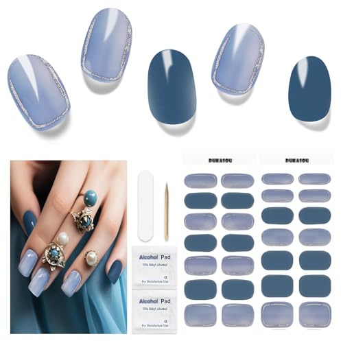 Nagelfolie UV Härtend - 28 Stück Nagelfolien Selbstklebend UV Gel Strips Herbst Winter Nail Sticker in Salonqualität Art Stickers Lang anhaltende Gel-Nagelaufkleber (Blue Frost Dew)