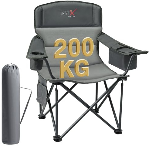 RELAX FIELD 2-pack överdimensionerad hopfällbar campingstol, bär 200 kg, vaddad med kopphållare och kylväska, slitstark stålram, bärväska inkluderad, ideal för balkong, fiske, strand, grå