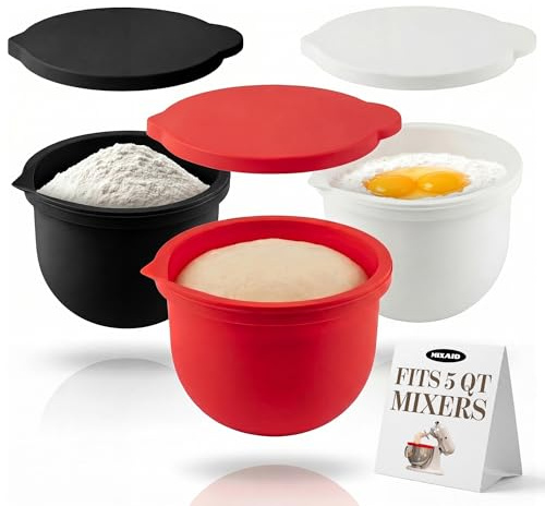 MixAid Silicone Liners for KitchenAid Tilt-Head 5 Qt Mixers – Mixer Attachments & Accessories – Replacement Mixer Bowls No Longer Needed - 3 Liners and 3 Lids Included (Not for Bowl-Lift Models)
