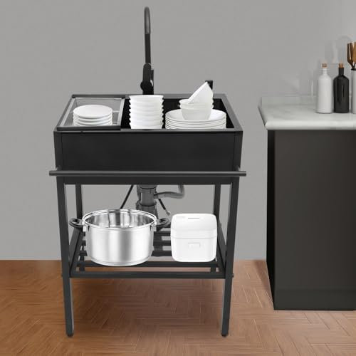 Freistehende Edelstahl Spültisch Spülbecken, Spuelbecken Edelstahl Schwarz, Küchenorganisation Spüle, Waschtisch Mit Wasserhahn-Ablaufset, für Küchenutensilien Aufbewahrung 60 * 45 * 86cm