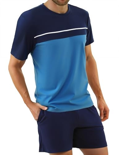 Bresdk Schlafanzug Herren Kurz Baumwolle Shorty Pyjama Set Zweiteiler Kurzarm Nachtwäsche mit Oberteil und Pyjamahose Hausanzug Sleepwear Hellblau XXL