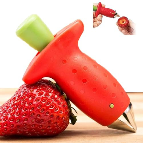 Ajinacious Strawberry Huller, Stem & Leaf Remover, Multi-Function Fruit Corer Tool, Effortlessly Removes Core (Red, Stainless Steel & ABS)