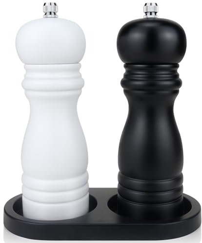 Molinillo Pimienta Manual, Juego de 2 Molinillo Sal y Pimienta de Madera con Bandeja, Salero y Pimentero con Fuerte Amoladora de Cerámica Ajustable para Doméstico y Profesional, Negro y Blanco(16.5cm)