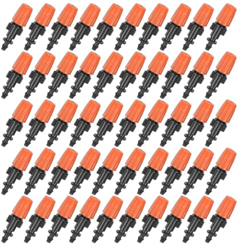 M METERXITY 100-Pack Garden Irrigation Spray Emitters, Adjustable 1/4 Inch Single Barbed Micro Drip Sprinklers for Garden Watering System, Atomizing Nozzle Head Drippers [Orange]