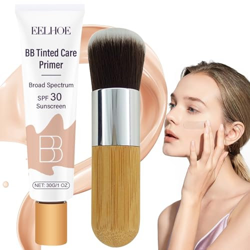BB Cream, BB Cream SPF 30 Tinted Moisturizer Crema Colorata da Giorno,Skin Tint Fondotinta Opaco, Copre le imperfezioni e i rossori, uniforma il tono della pelle, con pennello da trucco in bambù