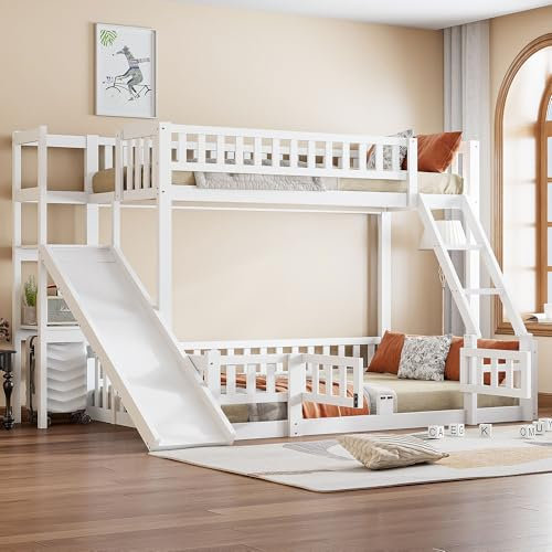 Dolamaní Etagenbett 2 Kinder 90 x 200/140 x 200 cm, Unteres Bodenbett mit Ausziehbare kleine Tür, Kinderbett Hochbett mit Rutsche und Mehrere Regale (Weiß)
