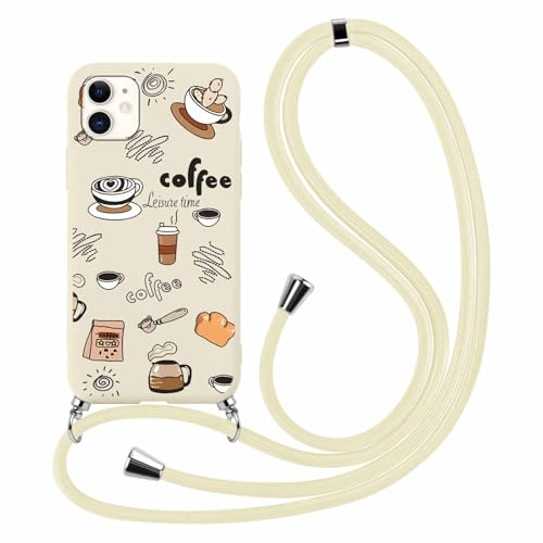 Yoedge Coque pour iPhone 11 avec Cordon de Collier 6,1, Aesthetic Pain Café Motif Design, Silicone TPU Étui avec Réglable Lanyard Case, Antichoc Protection Housse pour iPhone11 Cover,Animé