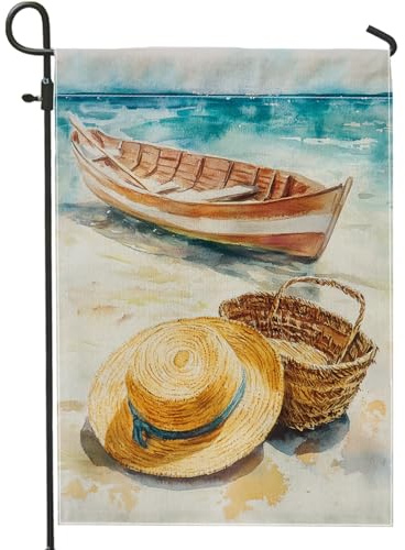 Küsten-Sommerboot-Gartenflagge, blaues Ozean, Ruderboot, Strohhut, Heimdekoration, Flaggen, doppelseitig, Stoff, Hofflagge, Outdoor, Rasen-Dekoration, 30,5 x 45,7 cm