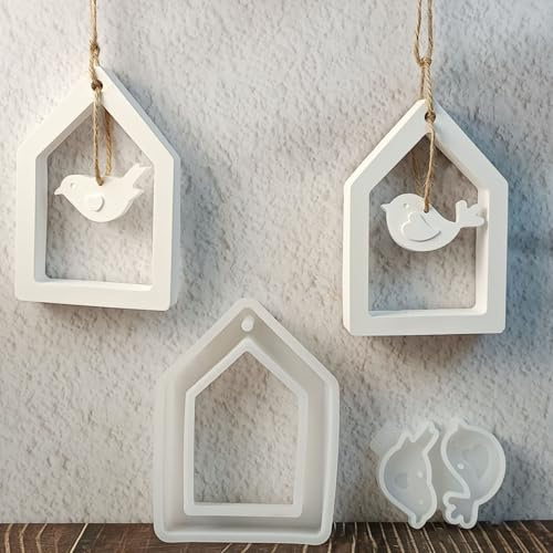Silikonformen Gießformen Häuser, Silikonform Haus mit Vogel Silikonform Frühling Anhänger Silikon form Vogel Anhänger Gipsform zum Gießen Gießform An hänger für Handwerk (A)
