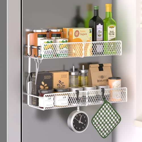 Magnetic Spice Rack for Refrigerator, 2 Pack 100% Metal Strong Magnet Shelf, Space Saving Spice Organizer W/ Hooks, Movable Magnetic Fridge Shelf, Kitchen Home Laundry Room Storage Organization, White
