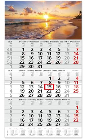 Svenska: Timr 3-månaderskalender 2026 årsöversikt - 53 cm - Internationell flerspråkig D/GB/F/I/E/NL - Väggkalender med skjutreglage - Motiv solnedgång I tr343