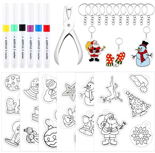 Cunno 135 Pcs Christmas Shrink Pape Kit 18 Heat Shrink Plastic Sheet with Christmas Pattern Hole Punch Keychain Accessories Shrinky Paper Art Craft Supplies for Keychain Making Xmas Party Favors