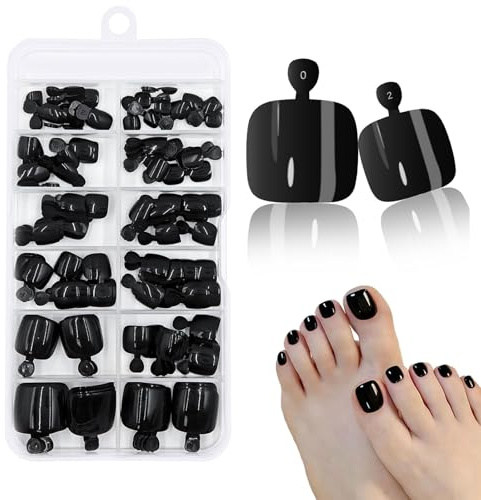 Floruvia 120 pièces Kit d'Ongles Faux à Pression Noirs, Courtes Carrées Faux Ongles de Pied avec 12 Tailles, Set de Pédicure à Coller ABS pour Fête sur la Plage (Noir)