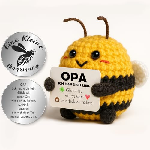 Tixlux Pocket Hug Opa Fröhliche Biene – Handgefertigte Strickwolle Bienen-Figur mit Umarmung Glücksbringer, Geschenkidee für Opa, Geburtstag, Weihnachten
