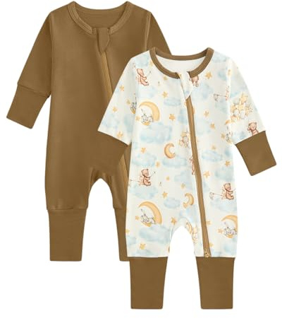 JiAmy 2 Pack Baby Sleepsuits Baby Grows Cotton Two-Way Zip Long Sleeve Footed Pajamas with Mitten Cuffs Newborn Clothes for Boys Girls 0-3 Months Brown