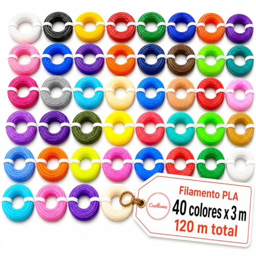 Caelluma Filamento PLA 1.75 mm para Bolígrafo 3D · 40 Colores x 3 m · 120 m Totales · Temperatura 180 210 C · Recambios para Lápiz 3D e Impresora 3D y Proyectos Creativos