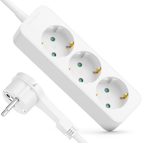 deleyCON Regleta 3 Tomas con Enchufe Plano - 5m Cable - Ideal Detrás Muebles, Base Múltiple Corriente Distribuidor Extensión Regleta 3680W 16A - Blanco