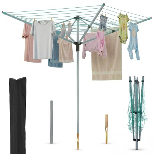 NOVECRAFTO 50m Rotary Washing Line – Easy-Lock System 4-Arm Garden Outdoor Clothes Dryer – Powder-Coated Steel Frame Whirly Airer with UV-Resistant Lines, Metal Ground Spike & Storage Cover