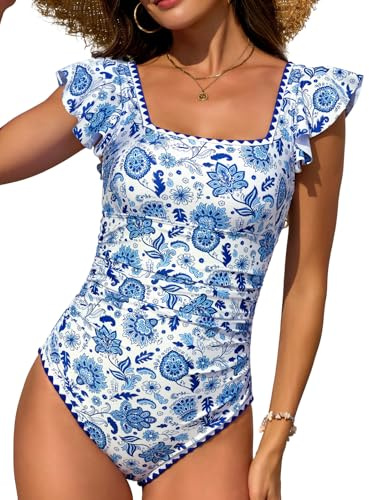 FemiChic baddräkt i ett stycke med volanger fyrkantig urringning och korsryggsfjädring, justerbar monokini med hög midja push-up cut ut detalj för strand pool