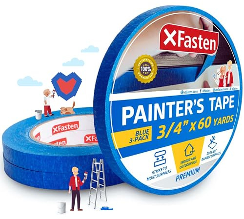 XFasten Professional Blue Paint Tape, Multi-Usage, 3/4 x 60 Yards (3-Pack) - Ruban adhésif de décoration murale de qualité artisanale sans résidus.