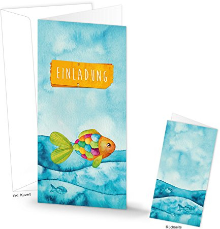 Logbuch-Verlag 15 Einladungskarten maritim türkis bunt mit Regenbogenfisch - EINLADUNG Klappkarten mit Kuvert für Taufe, Kommunion, Firmung, Kindergeburtstag, Geburtstag