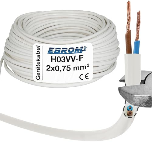 EBROM Schlauchleitung Gerätekabel -RUND- H03VV-F 2x0,75 mm², weiß, 100 m | von 5 bis 250 Meter flexibel - 2x0,75 mm2 - z.B. für Leuchten, LED-Beleuchtung, Kleinverbraucher, für leichte Beanspruchungen