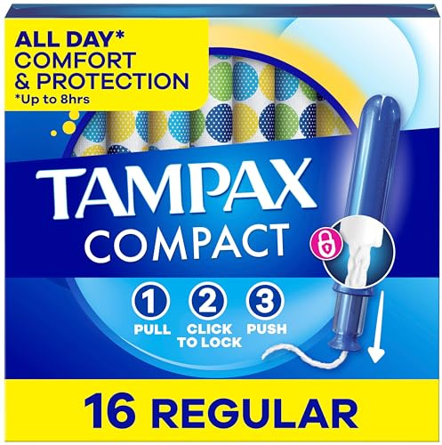 Tampax Compact Pearl Tampons, with LeakGuard Braid & Extendable Applicator, Regular Absorbency, Compact Extendable Applicator, Unscented, 16 Count (Packaging May Vary)