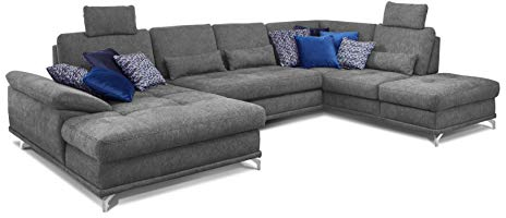 Cavadore Wohnlandschaft Castiel mit Federkern / Großes Schlafsofa in U-Form mit Bett, Sitztiefenverstellung und Kopfstützen / 368 x 114 x 232 / Webstoff, Grau