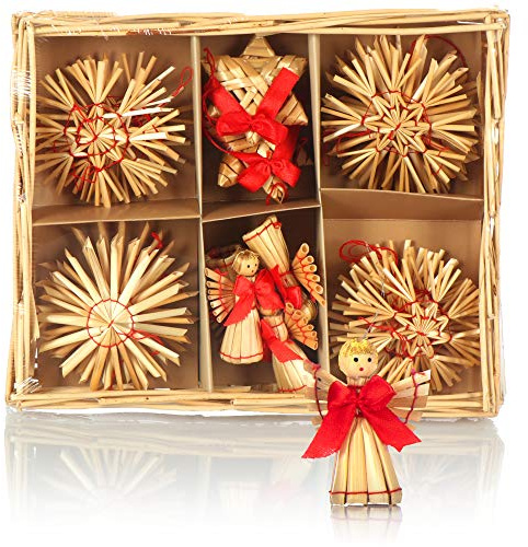 COM-FOUR® 22x Strohsterne im Mix-Set, Christbaum-Schmuck, Stroh-Anhänger | natürlicher Christbaum-Behang - Weihnachtsdekoration