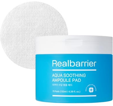 Real Barrier Aqua Beruhigendes Ampullen-Pad, 70 Pads, Hyaluronsäure-Gesichtsserum, Rötungslinderung für empfindliche Haut, Gesichtspflege für trockene Haut, beruhigender Kamillenextrakt, koreanische